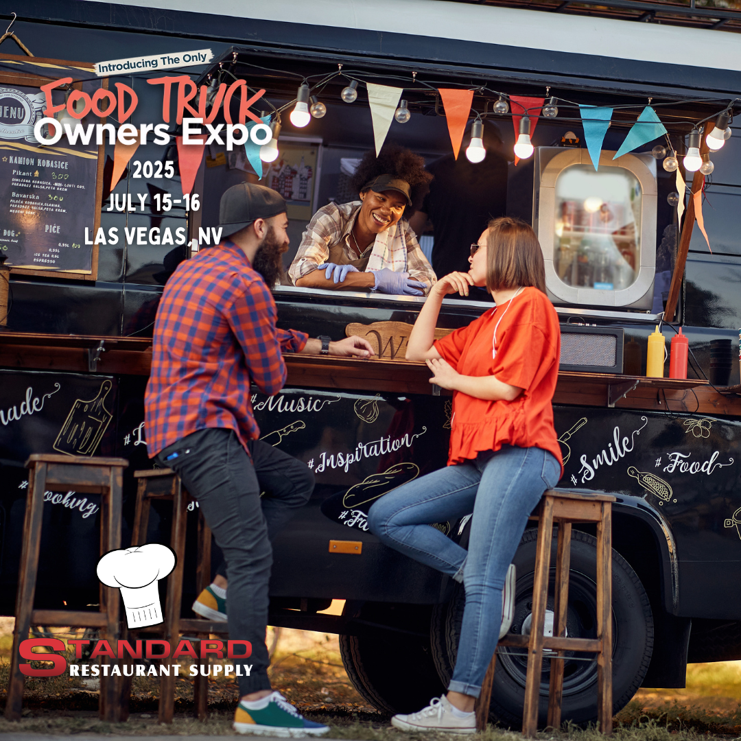 standard restaurant supply food truck Food truck scene at the Food Truck Owners Expo 2025, featuring a smiling vendor serving customers, with promotional text for the event, including dates and location in Las Vegas, NV, alongside the Standard Restaurant Supply logo.